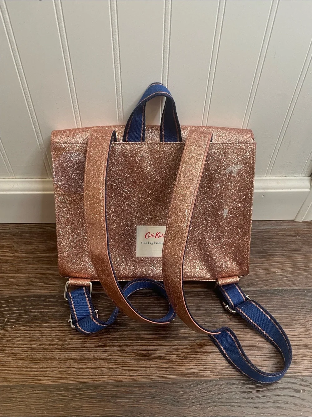 Cath Kidston Rose Gold Pink Glitter Backpack with Navy Adjustable Straps